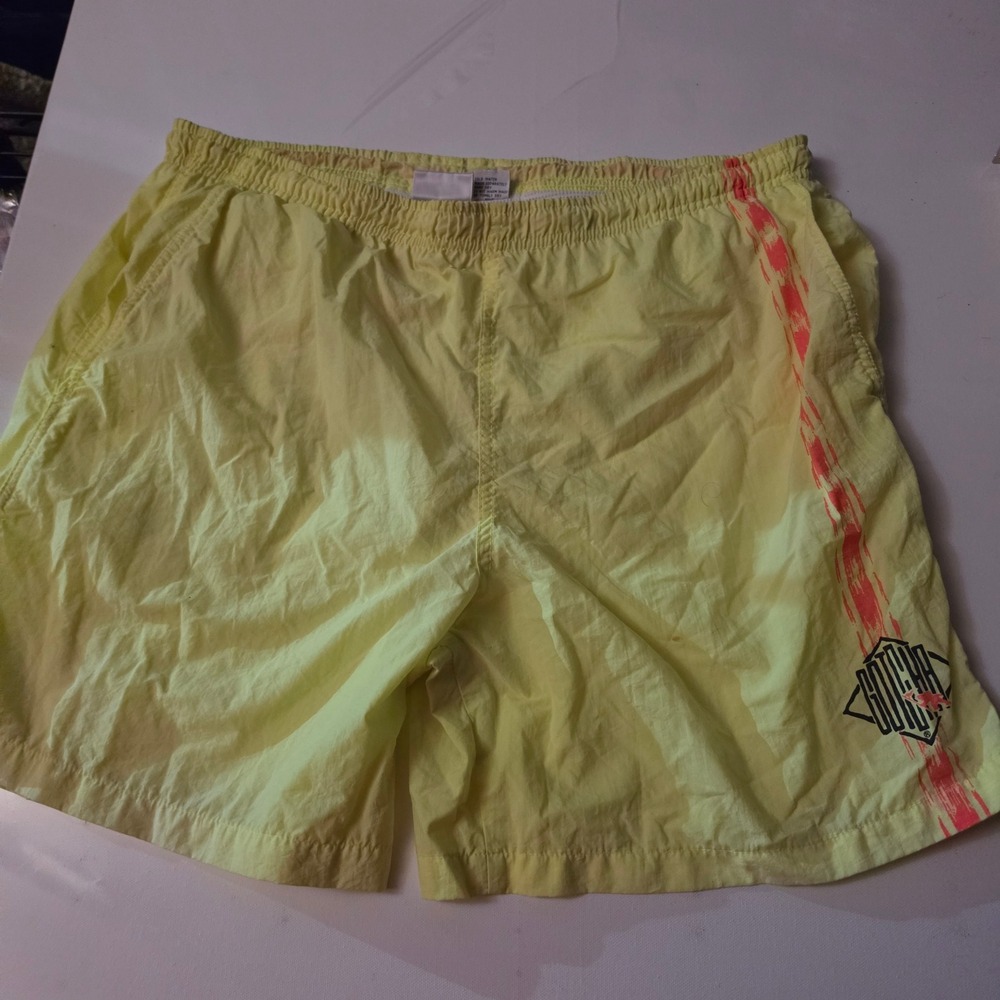 Vintage Gotcha Mens Neon Yellow Surf Swim Trunks Shorts Size 32 Graphic Logo